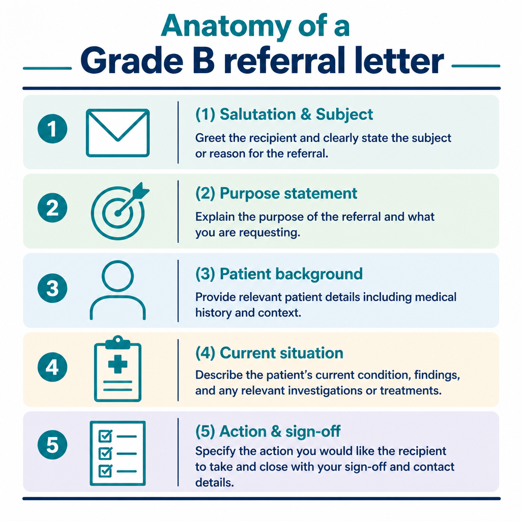 Diagram showing the 5 sections of a Grade B OET referral letter