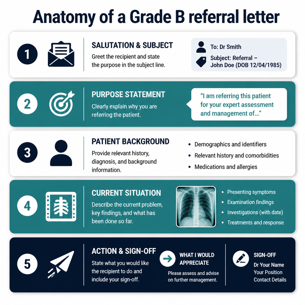 Diagram showing the 5 sections of a Grade B OET referral letter