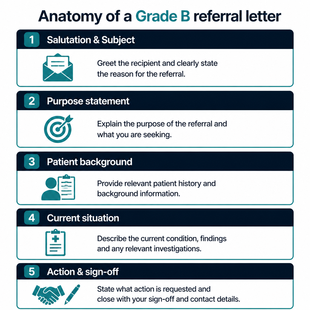Diagram showing the 5 sections of a Grade B OET referral letter