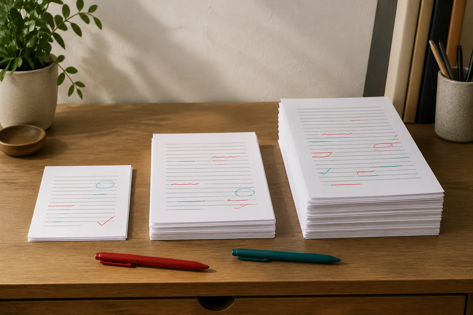 OET writing correction packs in three sizes — small, medium and large stacks of corrected letters with red and teal annotations